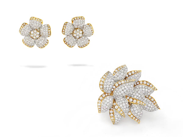 Set Brooch & Earrings White & Yellow Gold with Diamond
