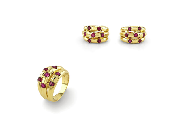 Set Yellow Gold Ring & Earrings with Ruby