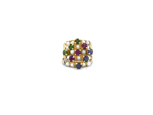 Vintage Yellow Gold Ring with Ruby, Sapphire, Emerald & Pearl