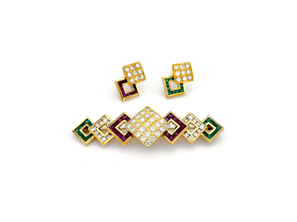 Set Earrings & Brooch with Diamond, Emerald & Ruby