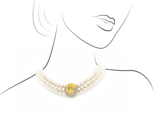 Triple row Pearl Necklace with Gold Clasp & Diamond