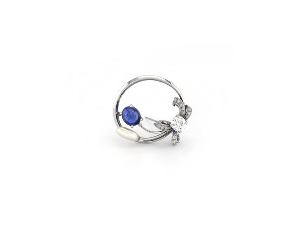 Vintage White Gold Brooch with Diamond, Sapphire & Pearl