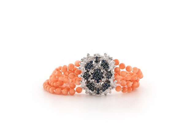Coral Bracelet with White Golden Claps with Sapphire