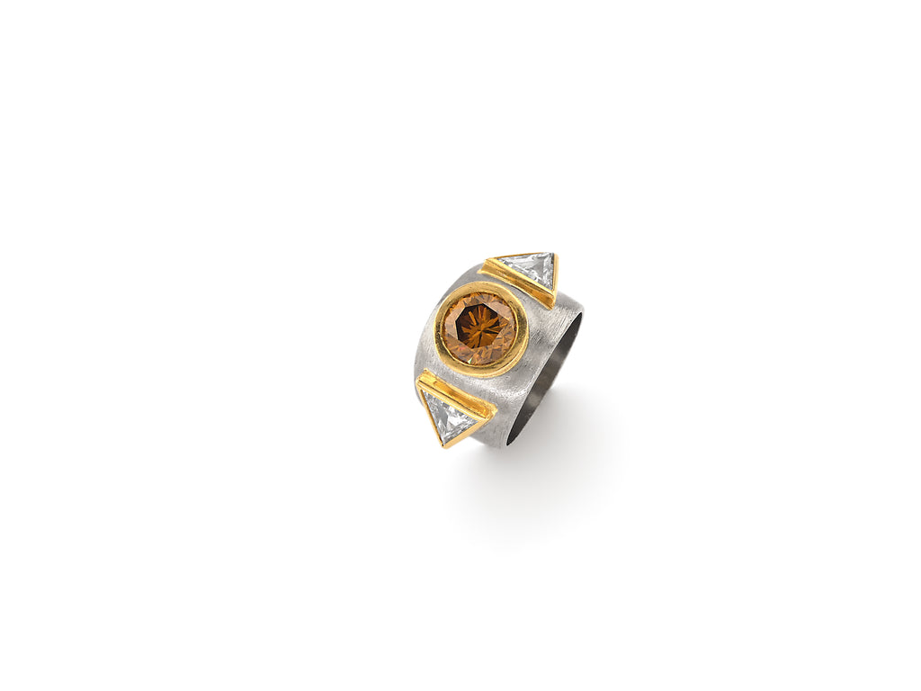 Two Tone Gold Ring with White and Orangy-Brown Diamond